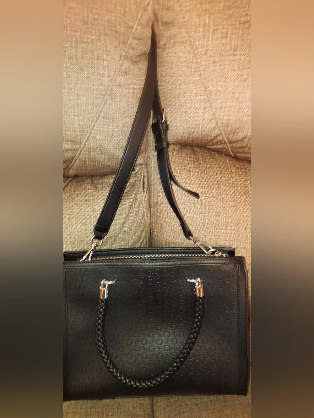 Guess Black Tote with Braided Top Handles and Removable Shoulder Strap